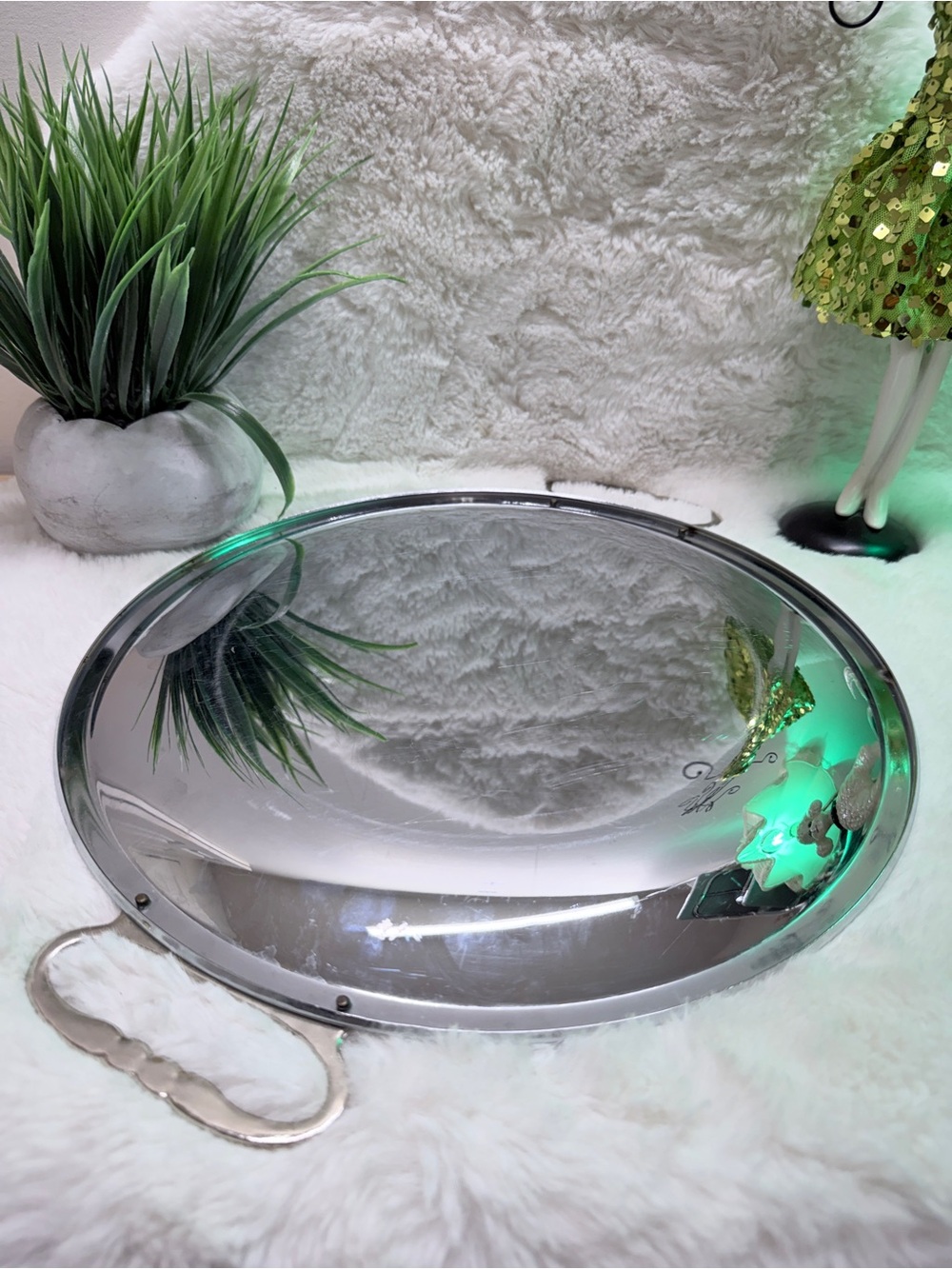 13” Vintage Chrome Silver Metal Serving Tray Mid Century Modern with Handles 🌎 - Picture 3 of 3